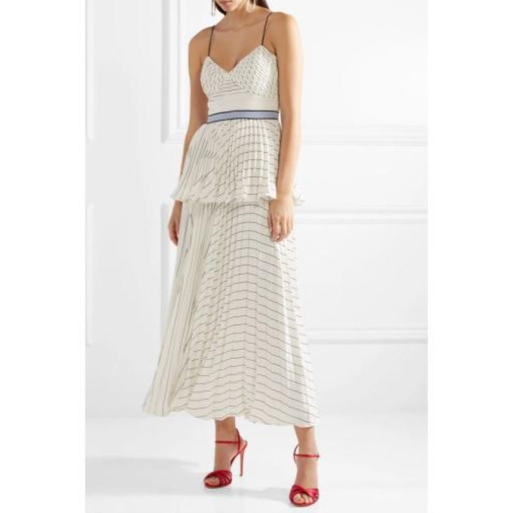 NWT In Box Self Portrait Pleated Stripe Flounce Maxi Strap Dress Blue Midband